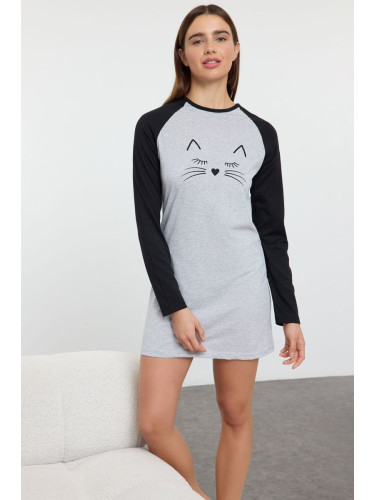 Trendyol Grey Melange Cotton Animal and Heart Printed Knitted Nightgown