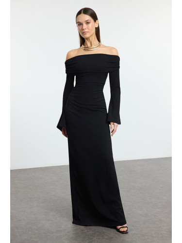 Trendyol Black Knitted Carmen Neckline Long Stylish Evening Dress