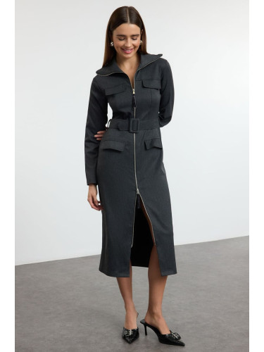 Trendyol Anthracite Zippered Pocket Detailed Gabardine Fabric Midi Woven Shirt Dress