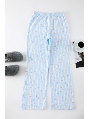 Trendyol Light Blue Cotton Striped and Heart Knitted Pajama Bottoms