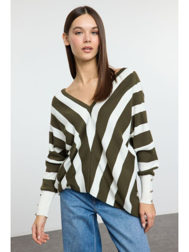 Trendyol Green Deep V Neck Striped Knitted Sweater