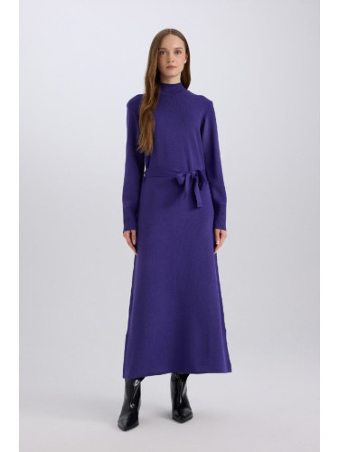 DEFACTO Regular Fit Half Turtleneck Long Sleeve Tie Detail Maxi Knit Dress