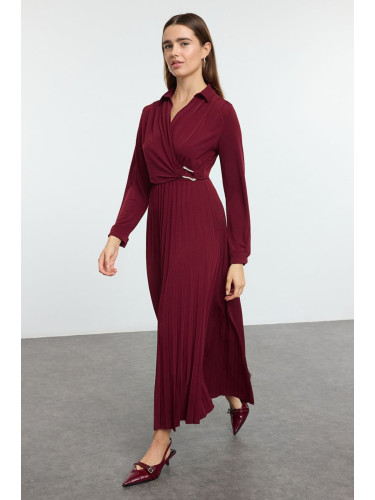 Trendyol Burgundy Accessory Detailed Pleated Knitted Dress