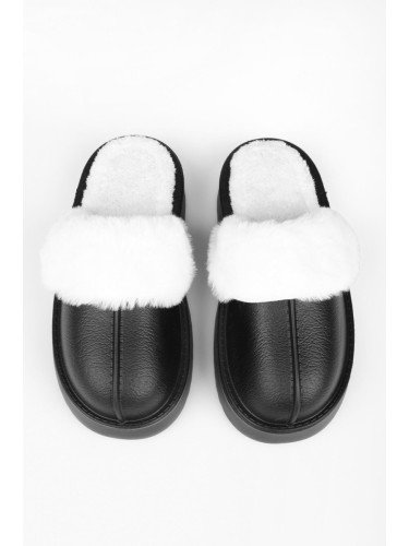 Shoeberry Women's Fluff Black Faux Leather Matte Fur Inside Flat Sole House Slippers