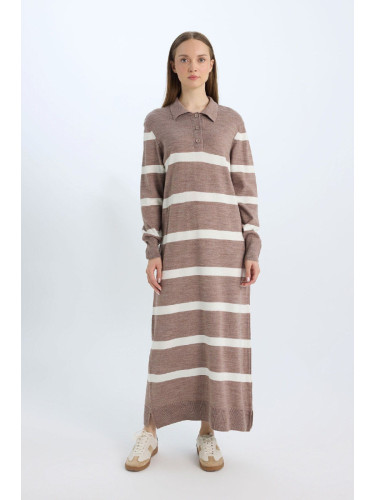 DEFACTO Regular Fit Polo Collar Buttoned Striped Long Sleeve Maxi Dress