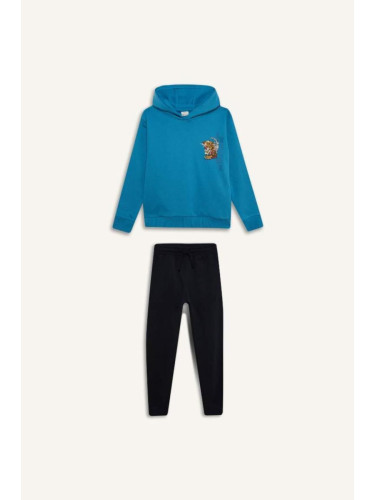 DEFACTO Boy's 2-Piece Set Hooded Printed Sweatshirt Elastic Waist Tracksuit Bottoms