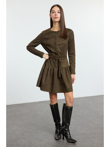 Trendyol Khaki Belted Skater/Waist Open Pleated Skirted Suede Mini Woven Dress