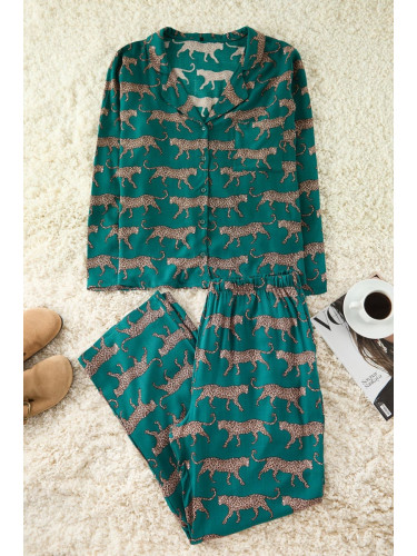 Trendyol Curve Emerald Green Shirt Collar Tiger Patterned Woven Pajama Set