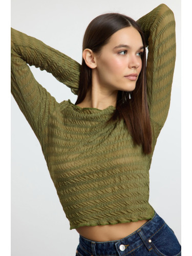 Trendyol Oil Green Fitted/Body-Smoothing Textured Tulle Flexible Knit Blouse