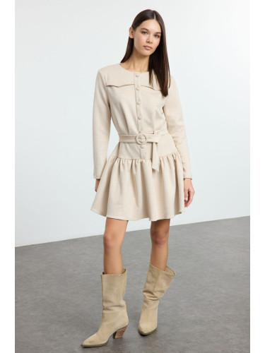 Trendyol Stone Belted Skater/Waist Open Pleated Skirted Suede Mini Woven Dress