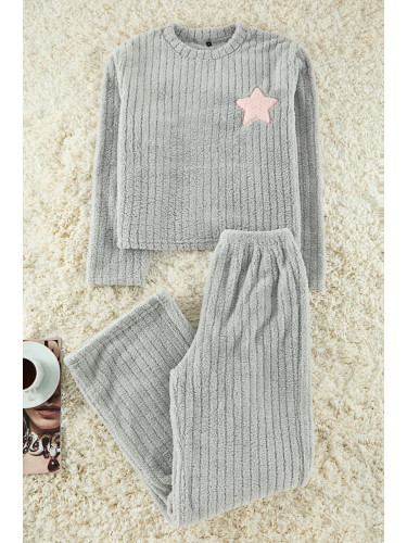 Trendyol Gray Star Embroidered Striped Winter Wellsoft Knitted Pajama Set