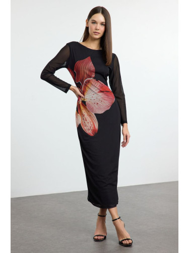 Trendyol Black Floral Maxi Floral Printed Fitted/Fits Tulle Stretch Knit Dress