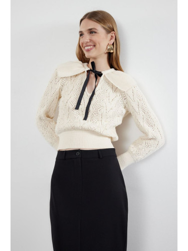 Trendyol Stone Soft Texture Ribbon/Bow and Pearl Detailed Knitwear Sweater