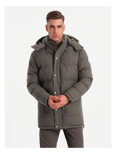 Ombre Men's long warm parka jacket with wool - dark grey melange