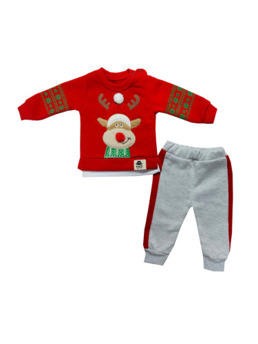Коледен комплект с елен от блузка в червено и панталонки в сиво