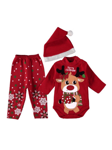 Бебешки коледен комплект от 3 части-боди с еленче, панталони с коледни