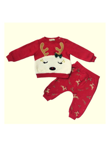 Коледен комплект от блуза с елен и панталони в червено