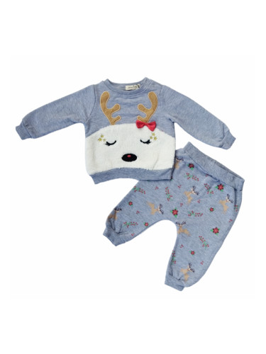 Коледен комплект от блуза с елен и панталони в сиво