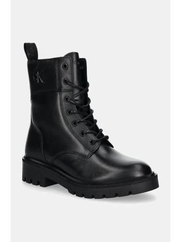 Кожени кубинки Calvin Klein Jeans COMBAT BOOT MID ZIP LTH IN CALF в черно с равна подметка YW0YW01550