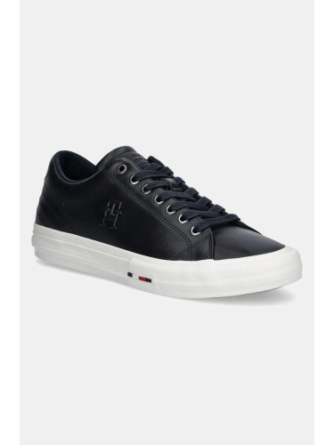 Кожени маратонки Tommy Hilfiger TH HI VULC STREET PATCH LTH в тъмносиньо FM0FM05203