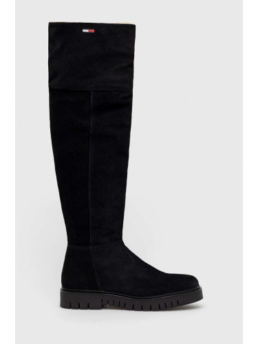 Велурени ботуши Tommy Jeans Warmlined Long Boot в черно с платформа с изолация