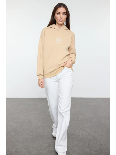 Trendyol Beige Oversize/Wide Pattern Embroidered Thick Polar Fleece Knitted Sweatshirt