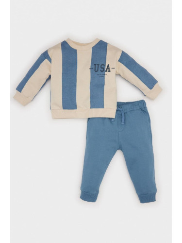 DEFACTO Baby Boy 2-Piece Set Striped Crew Neck Printed Sweatshirt Elastic Waist Tracksuit Bottoms