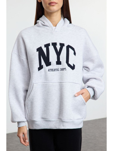 Trendyol Grey Melange Oversize/Wide Pattern Hooded Slogan Embroidered Knitted Sweatshirt