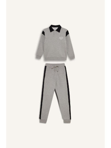 DEFACTO Boy's 2-Piece Set Polo Collar Printed Thick Sweatshirt Elastic Waist Leg Tracksuit Bottoms