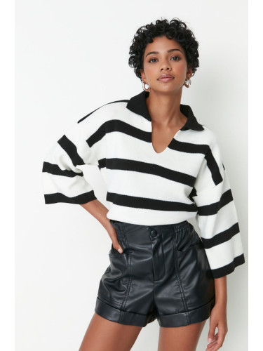 Trendyol Black Polo Neck Basic Striped Knitwear Sweater