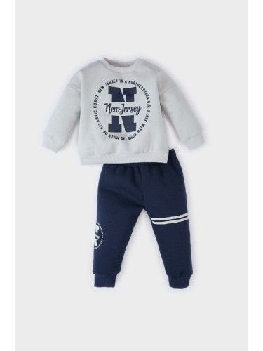 DEFACTO Baby Boy 2-Piece Set Crew Neck Printed Sweatshirt Elastic Waist Tracksuit Bottoms