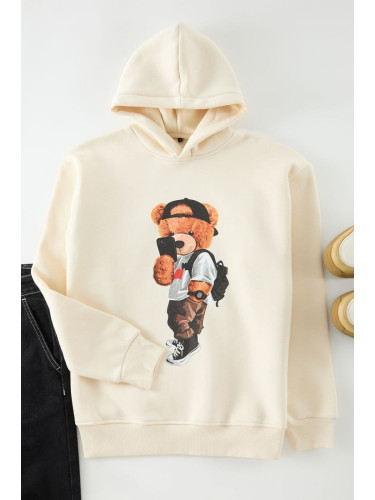 Trendyol Ecru Unisex Oversize Teddy Bear Printed Inside Polar Fleece/Warm Hooded Sweatshirt