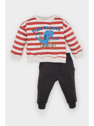 DEFACTO Baby Boy 2-Piece Set Crew Neck Striped Dinosaur Printed Sweatshirt Elastic Waist Tracksuit Bottoms