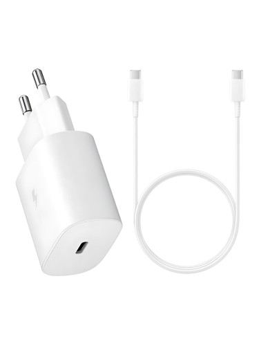 Оригинално зарядно устройство комплект Samsung EP-TA800W + DA705BWE, 25W, 3A, 1 x USB-C, с USB-C кабел, в плик, Бяло