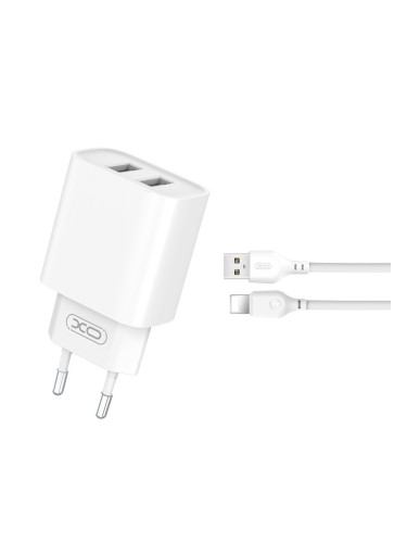 Мрежово зарядно устройство комплект XO CE02C 2x USB 2,1A + Lightning кабел, Бяло