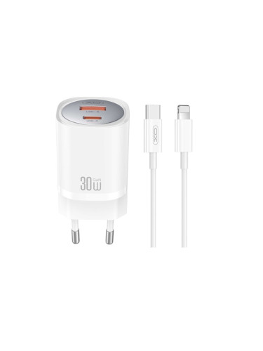 Зарядно устройство комплект XO CE21 PD 30W 1x USB-C 1x USB + USB-C - Lightning кабел, Бяло