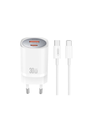 Зарядно устройство комплект XO CE21 PD 30W 1x USB-C 1x USB + USB-C - USB-C кабел, Бяло