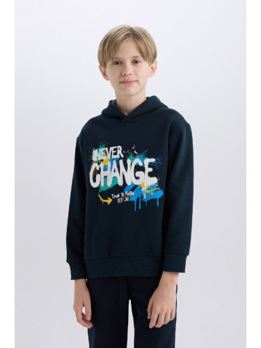 DEFACTO Boy's Hooded Printed Soft Furry Sweatshirt