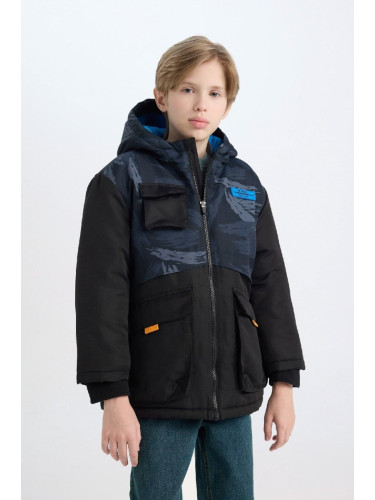 DEFACTO Boy's Water Repellent Hooded Zippered Pocket Fleece Lined Coat