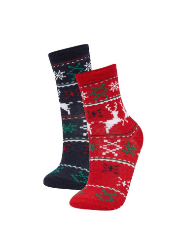 DEFACTO Boys' Christmas Themed 2-Piece Cotton Long Socks