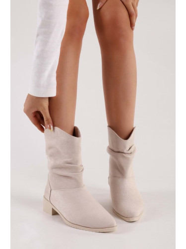 Shoeberry Women's Archie Beige Suede Gathered Flat Heeled Boots Beige Suede.