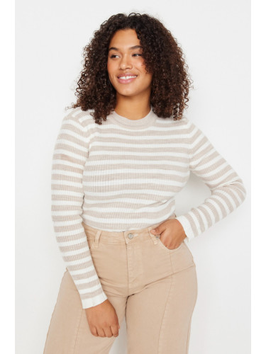 Trendyol Curve Beige Striped Ribbed Body-hugging Knitwear Sweater