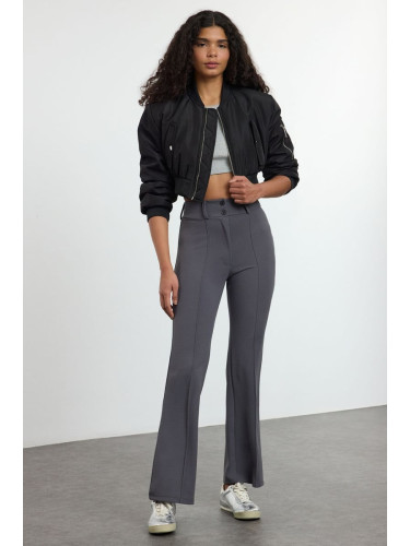 Trendyol Anthracite Ribbed Detail High Waist Flare/Flare Trousers