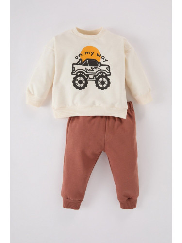 DEFACTO Baby Boy 2-Piece Set Crew Neck Vehicle Printed Sweatshirt Elastic Waist Tracksuit Bottoms