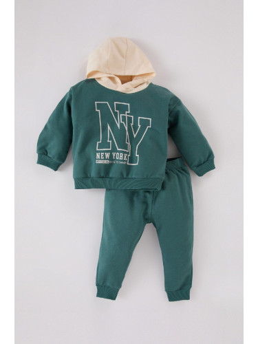 DEFACTO Baby Boy 2-Piece Set Hooded Printed Sweatshirt Elastic Waist Tracksuit Bottoms