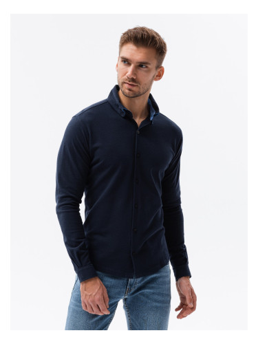 Ombre Men's knitted SLIM FIT long sleeve shirt - navy blue