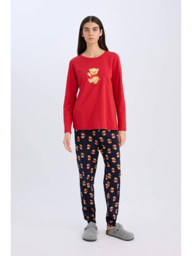 DEFACTO Fall In Love Pajama Set Long Sleeve Teddy Bear Printed Top Flexible Waist Patterned Pajama Bottom