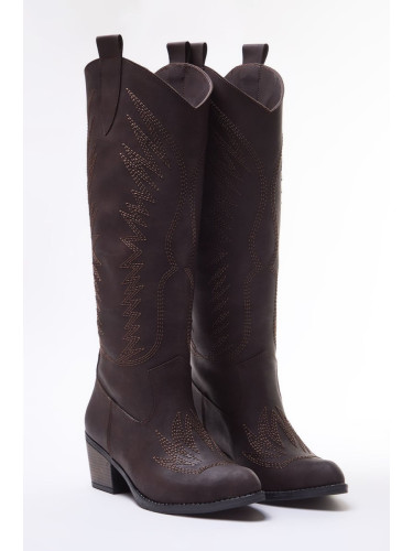 Trendyol Dark Brown Embroidered Block Heel Suede Cowboy Boots