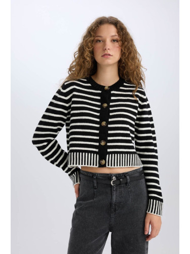 DEFACTO Coool Regular Fit Striped Crew Neck Buttoned Knitwear Cardigan