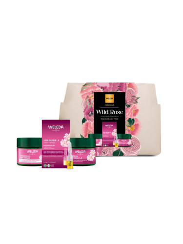 Weleda Wild Rose & White Tea Premium Brightening Care Подаръчен комплект дневен крем за лице Wild Rose & White Tea Smoothing Day Cream 40 ml + нощен крем за лице Wild Rose & White Tea Smoothing Night Cream 40 ml + нощен серум за лице Wild Rose Skin Repair 7 Nights Intensive Treatment 5,6 ml + козмет